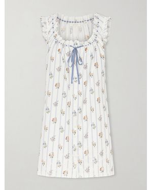 Doen Nessie Embroidered Striped Floral-Print Organic Cotton Mini Dress - White