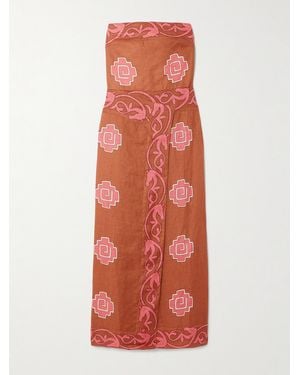 Johanna Ortiz Ancient Strapless Wrap-Effect Printed Linen Midi Dress - Orange