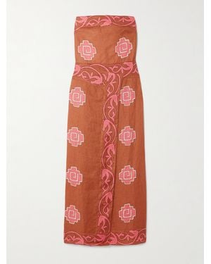 Johanna Ortiz Ancient Strapless Wrap-Effect Printed Linen Midi Dress - Orange