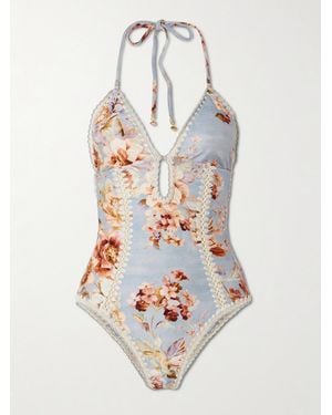 Zimmermann Awaken Crochet-Trimmed Floral-Print Halterneck Swimsuit - Weiß