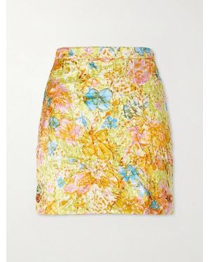 Versace Floral-Print Crinkled Duchesse-Silk Mini Skirt - Metallic