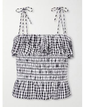 Alix Of Bohemia Clara Ruffled Shirred Checked Cotton Top - White