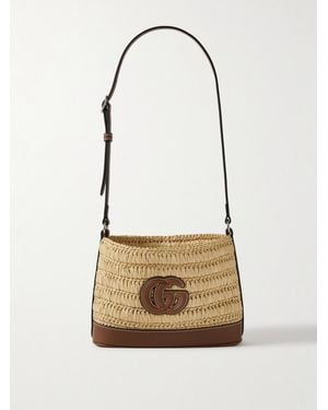 Gucci Mini Appliquéd Leather-Trimmed Raffia Shoulder Bag - White