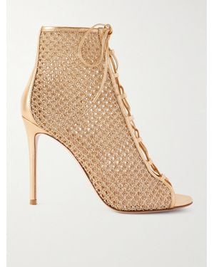 Gianvito Rossi 105 Lace-Up Leather-Trimmed Mesh Ankle Boots - Natural