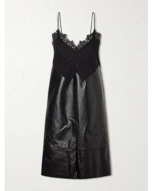 Sharon Wauchob Tulipa Gathered Lace-Trimmed Jersey And Leather Midi Dress - Black