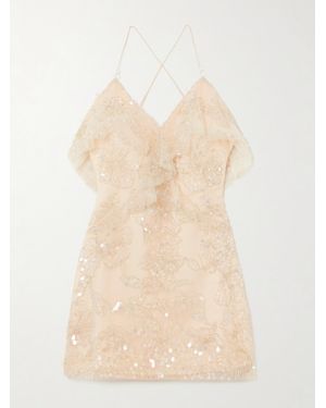 Aje. Iridescence Minikleid Aus Tüll Mit Rüschen Und Zierperlen - Natur