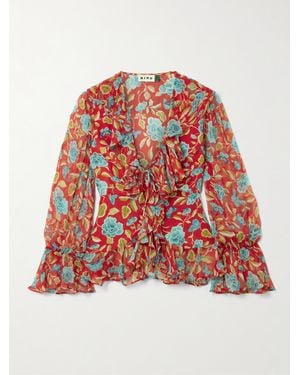 RIXO London Ami Bluse Aus Seidenkrepon Mit Blumenprint Und Volants - Rot