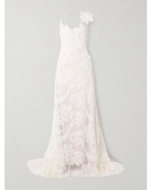 Danielle Frankel Edie Robe Aus Schnurgebundener Spitze Aus Einer Baumwollmischung Mit Einsätzen Aus Seidenchiffon Und Applikationen - Weiß