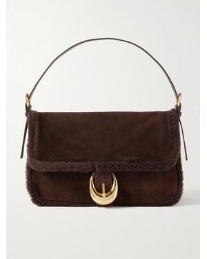 STAUD Harlow Medium Buckled Shearling Shoulder Bag - Brown