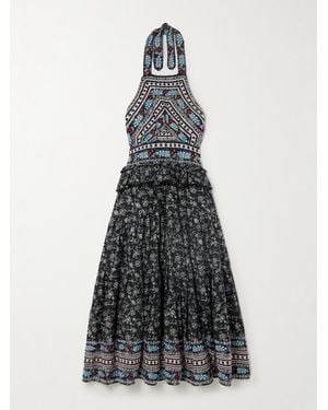 Sea Everly Ruffled Embroidered Floral-Print Cotton Halterneck Midi Dress - White