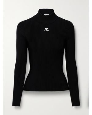 Courreges Reedition Rippstrickpullover Mit Stehkragen Und Applikation - Schwarz