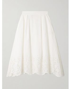 Thierry Colson Jupe Midi En Lin Et Coton Mélangés À Broderie Anglaise Et À Plis Wynona - Blanc