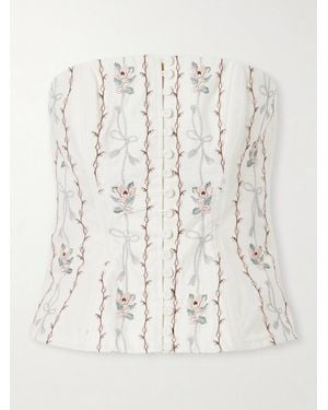 Agua Bendita Abelia Navegante Floral-Embroidered Linen Corset Top - Natural