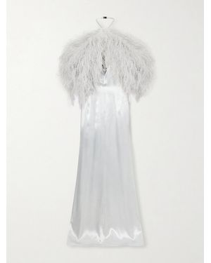 The Attico Feather-Trimmed Halterneck Satin Gown - White