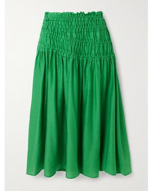 Tory Burch Ruffled Smocked Lyocell-Blend Midi Skirt - Green