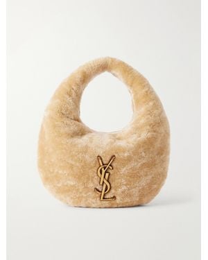 Saint Laurent Icarino Cassandre-Embellished Shearling Mini Bag - Natural