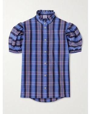 Thierry Colson Vike Ruffled Checked Cotton-Blend Poplin Blouse - Bleu