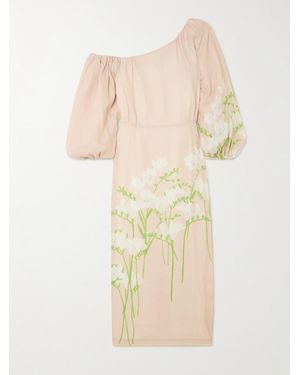 BERNADETTE Cara Off-The-Shoulder Gathered Floral-Print Linen Midi Dress - Natural