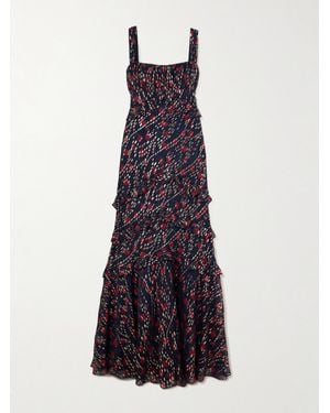 Saloni Chandra Ruffled Ruched Metallic Fil Coupé Silk-Blend Maxi Dress - Purple