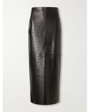Nour Hammour Elyse Panelled Croc-Effect Leather Midi Skirt - Black