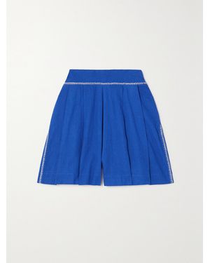 Escvdo Net Sustain Amalia Embroidered Cotton And Linen-Blend Shorts - Blue