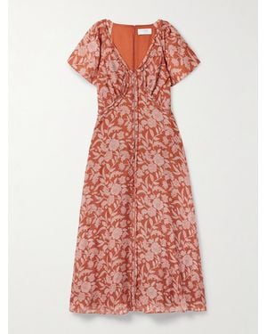 La Ligne Mesh-Trimmed Ruffled Floral-Print Silk Crepe De Chine Midi Dress - Red