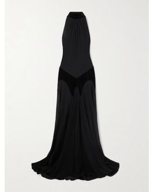 McQueen Cotton Velvet-Trimmed Gathered Silk-Georgette Turtleneck Gown - Black