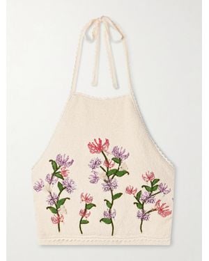 Agua Bendita Haut Raccourci Dos Nu En Bouclé De Coton Mélangé À Broderies Et À Appliqués Carlota Honeysuckle - Blanc