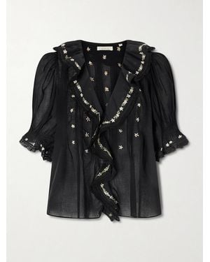 Doen Hettie Lace-Trimmed Embroidered Organic Cotton-Voile Blouse - Black