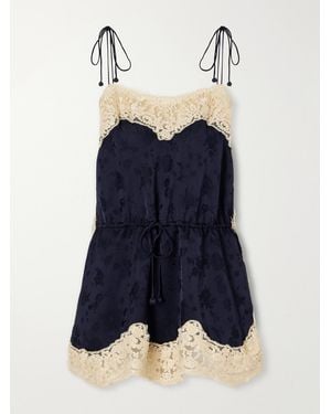 Sea Shay Gathered Lace-Trimmed Floral-Jacquard Camisole - Blue