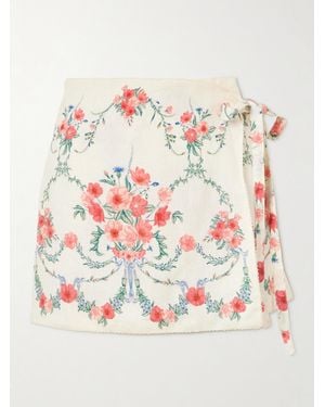 Agua Bendita Luna Mosqueta Floral-Print Linen Mini Wrap Skirt - White