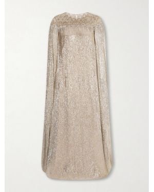Oscar de la Renta Cape-Effect Crystal And Sequin-Embellished Tulle-Trimmed Lamé Gown - Natural