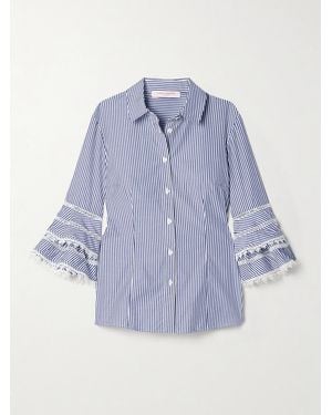 Carolina Herrera Ruffled Guipure Lace-Trimmed Striped Cotton-Poplin Shirt - Blue