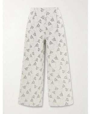 D'Estree Martha Floral Denim-Jacquard Wide-Leg Pants - White