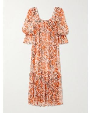 Alix Of Bohemia Lilium Topaz Flower Pleated Ruffled Printed Georgette Midi Dress - Orange