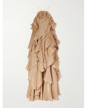Aje. Marlo Floral-Appliquéd Ruffled Layered Chiffon Gown - Natural