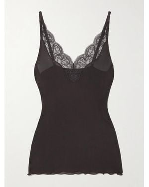 Saint Laurent Top Aus Geripptem Seiden-Jersey Mit Spitzenbesatz - Schwarz