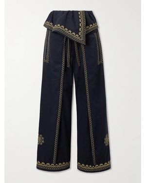 Rabanne Embroidered Belted Layered Twill Trousers - Blue