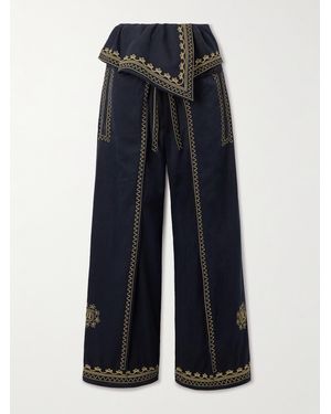 Rabanne Embroidered Belted Layered Twill Trousers - Blue