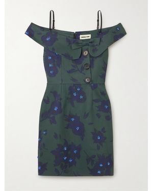 ShuShu/Tong Asymmetric Off-The-Shoulder Embellished Floral-Print Cotton Mini Dress - Blue
