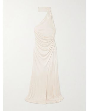 Tom Ford One-Shoulder Paneled Ruched Satin-Jersey Halterneck Gown - White