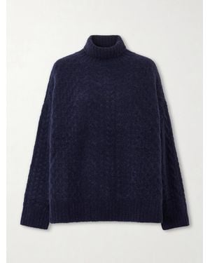 The Elder Statesman Cable-Knit Cashmere And Silk-Blend Turtleneck Sweater - Blue
