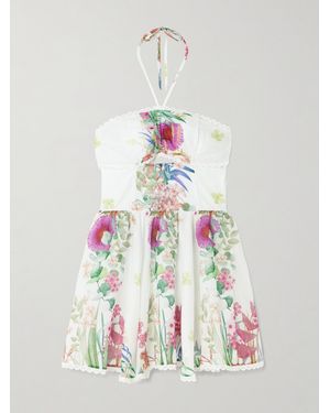 Charo Ruiz Alheli Lace-Trimmed Cutout Floral-Print Cotton-Blend Voile Halterneck Mini Dress - Weiß