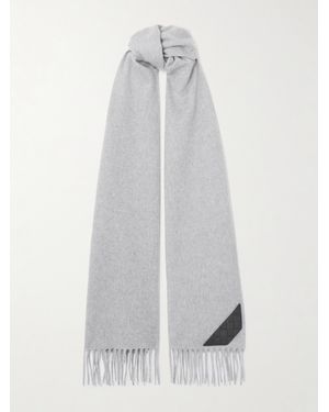 Bottega Veneta Intrecciato Leather-Trimmed Fringed Cashmere Scarf - White