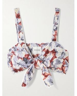 Posse Luna Cropped Lace-Trimmed Floral-Print Linen Top - White
