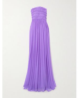 Oscar de la Renta Strapless Ruched Pleated Silk-Crepon Gown - Purple