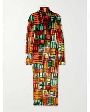 PUCCI Printed Velour Turtleneck Midi Dress - Orange