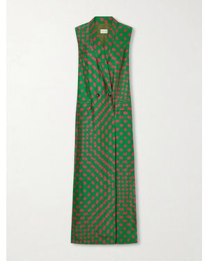 Dries Van Noten Polka-Dot Satin-Jacquard Long Coat - Green