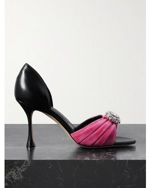 Manolo Blahnik Ansak 90 Crystal-Embellished Pleated Suede And Leather Court Shoes - Pink