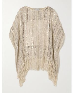 Brunello Cucinelli Fringed Sequin-Embellished Open-Knit Top - Natural